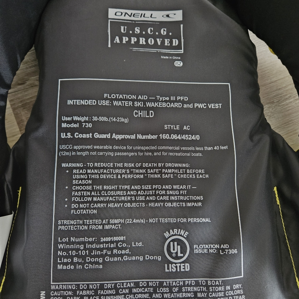 O'Neill Safety Vest USCG Approved Type III 30-50 Lbs - Picture 5 of 6